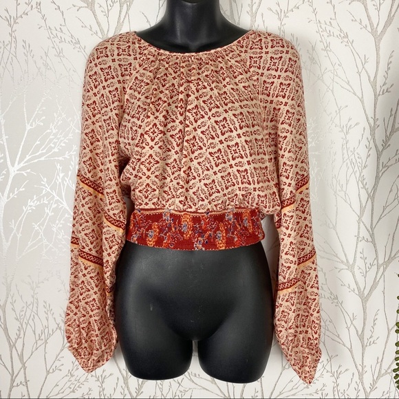 PATRONS OF PEACE Irving Adobe Tile Print Cropped Smocked Top Boho Peasant Medium - Picture 4 of 15